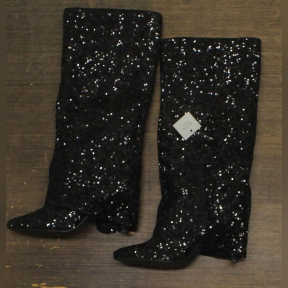 A New Day Brand Black Sequin Heeled Boots Size 10 NWT